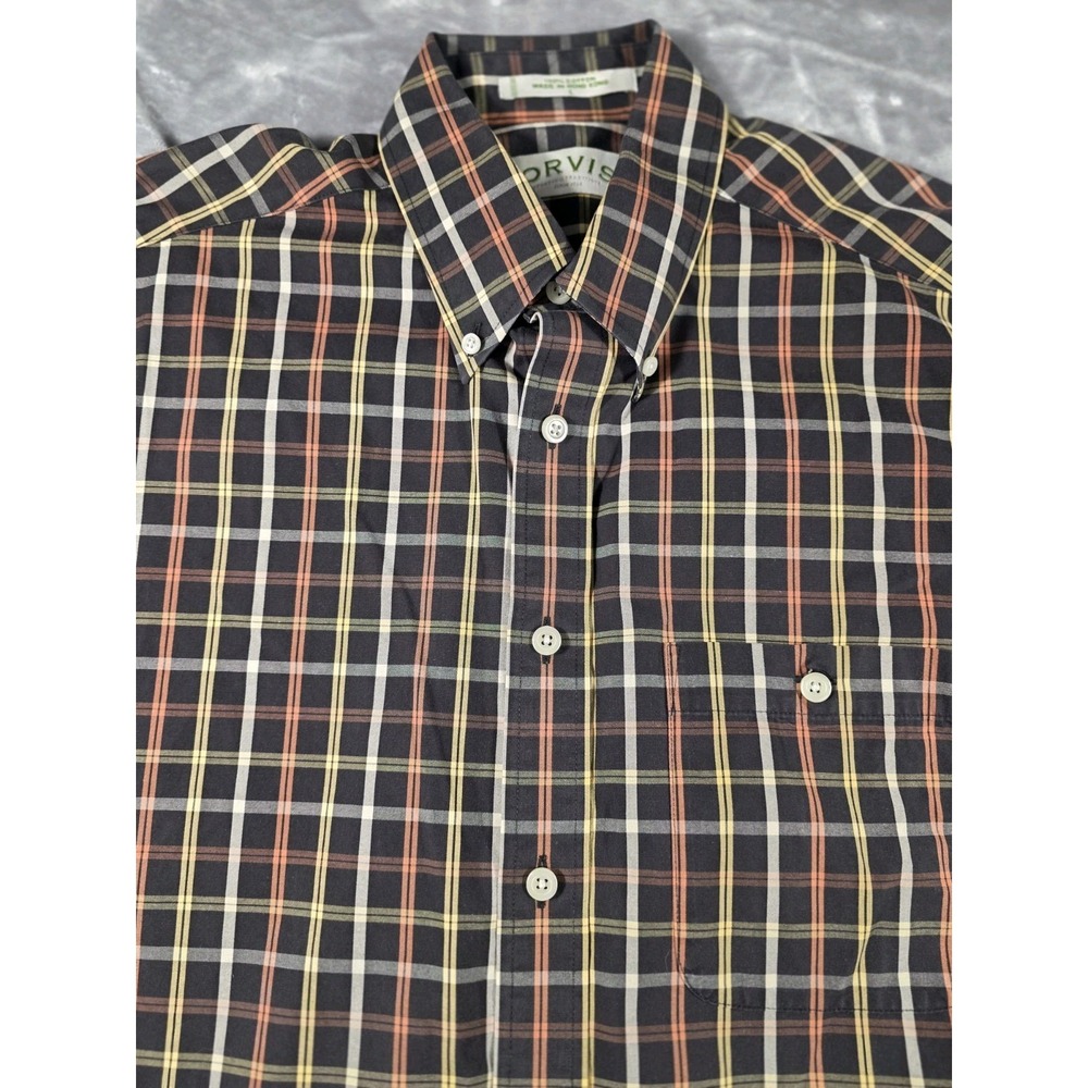 Orvis Button Down Cotton Shirt Mens Large Fall Colors Black Orange Plaid